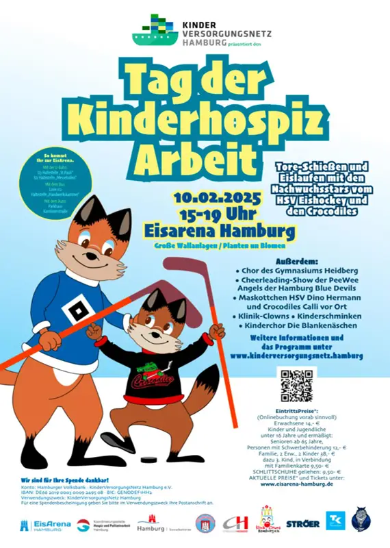 10.02.2025 - Tag der Kinderhospizarbeit - Save the Date - unterstützt durch den HSV und den Crocodiles mit Nachwuchstalenten aus der Eishockeywelt, den Klinik-Clowns und den Kindern von dem Cheerleading Team PeeWee Angels, der Blue Devils. Die Musik-Acts von den Blankenäschen und dem Kinderchor des Gymnasium Heidberg